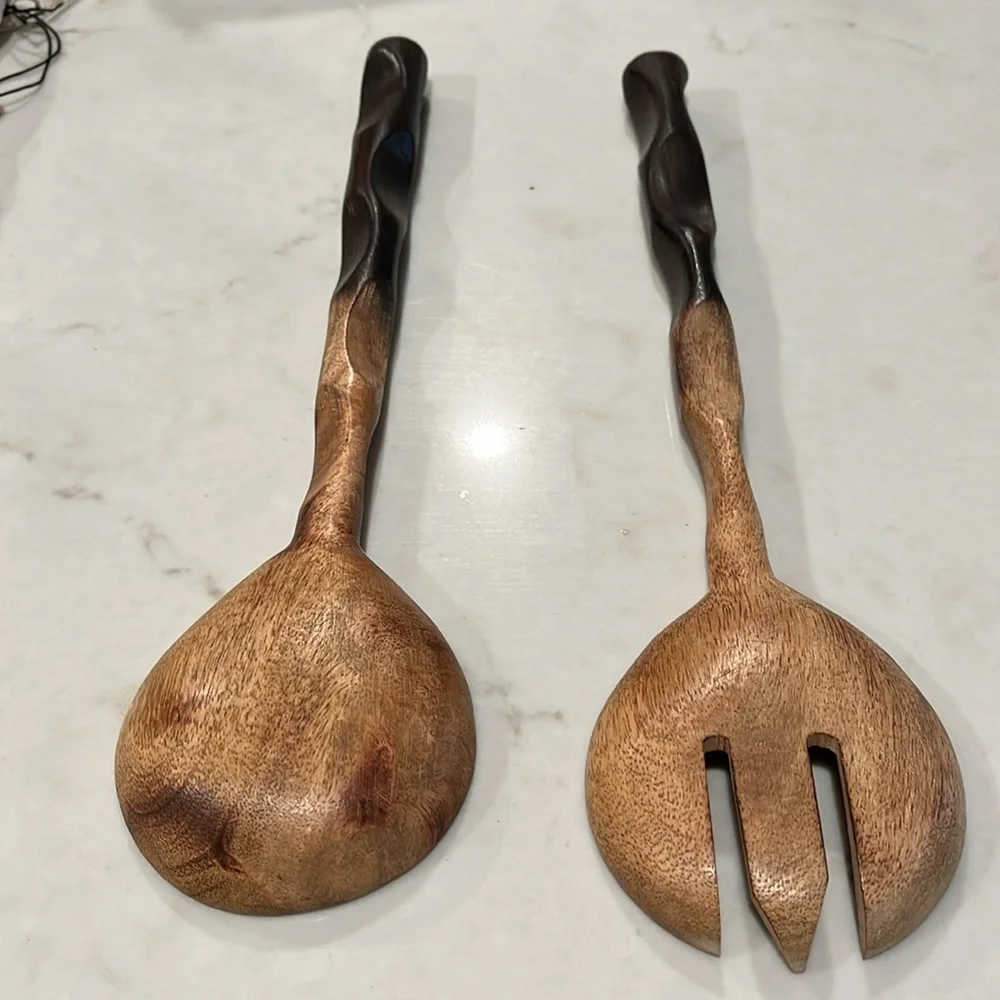 Natural & Espresso Mango Wood Salad Server Set with Drawstring Bag/NWT